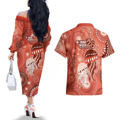 NAIDOC Deadly 50 Years Couples Matching Off The Shoulder Long Sleeve Dress and Hawaiian Shirt Jellyfish Aboriginal Culture Inspired Red