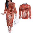 NAIDOC Deadly 50 Years Couples Matching Off The Shoulder Long Sleeve Dress and Long Sleeve Button Shirt Jellyfish Aboriginal Culture Inspired Red