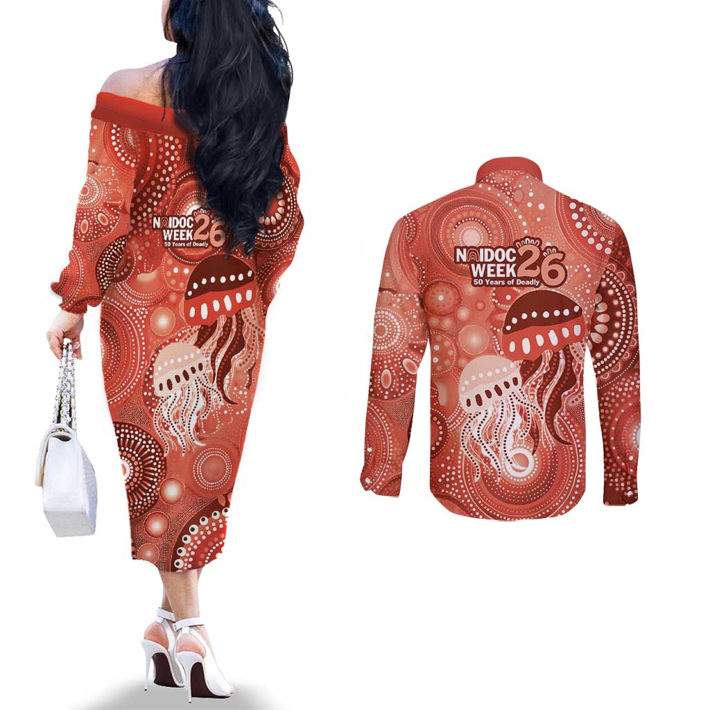 NAIDOC Deadly 50 Years Couples Matching Off The Shoulder Long Sleeve Dress and Long Sleeve Button Shirt Jellyfish Aboriginal Culture Inspired Red