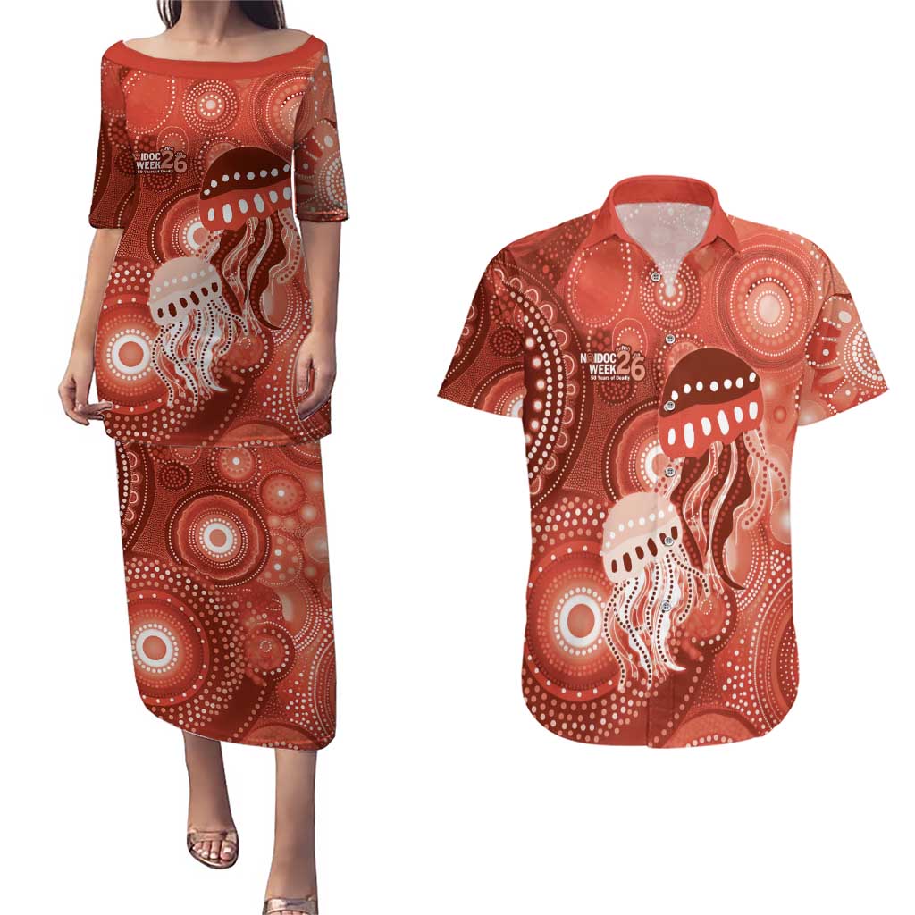 NAIDOC Deadly 50 Years Couples Matching Puletasi and Hawaiian Shirt Jellyfish Aboriginal Culture Inspired Red