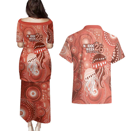 NAIDOC Deadly 50 Years Couples Matching Puletasi and Hawaiian Shirt Jellyfish Aboriginal Culture Inspired Red