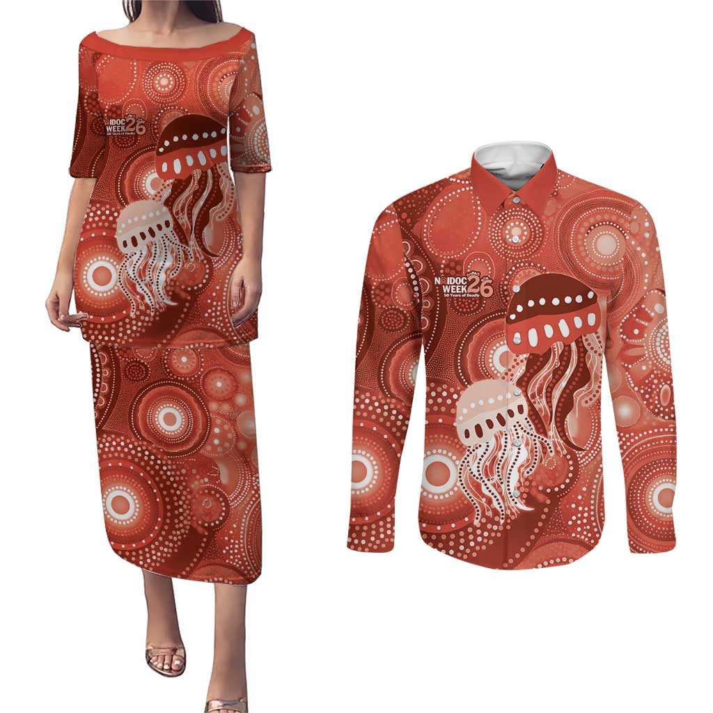 NAIDOC Deadly 50 Years Couples Matching Puletasi and Long Sleeve Button Shirt Jellyfish Aboriginal Culture Inspired Red