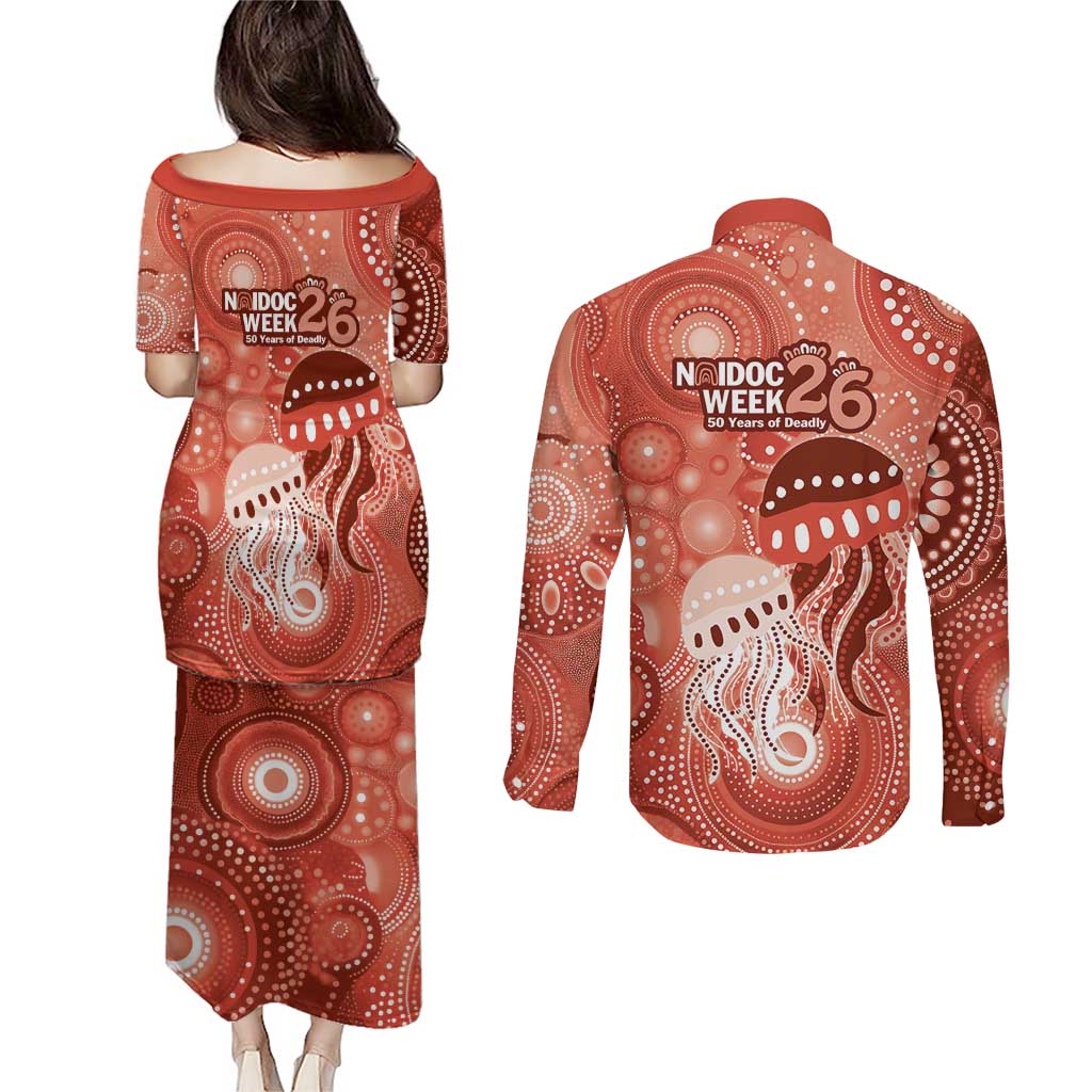 NAIDOC Deadly 50 Years Couples Matching Puletasi and Long Sleeve Button Shirt Jellyfish Aboriginal Culture Inspired Red