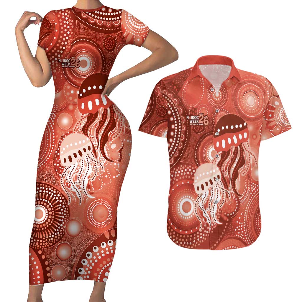 NAIDOC Deadly 50 Years Couples Matching Short Sleeve Bodycon Dress and Hawaiian Shirt Jellyfish Aboriginal Culture Inspired Red