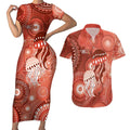 NAIDOC Deadly 50 Years Couples Matching Short Sleeve Bodycon Dress and Hawaiian Shirt Jellyfish Aboriginal Culture Inspired Red