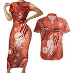 NAIDOC Deadly 50 Years Couples Matching Short Sleeve Bodycon Dress and Hawaiian Shirt Jellyfish Aboriginal Culture Inspired Red