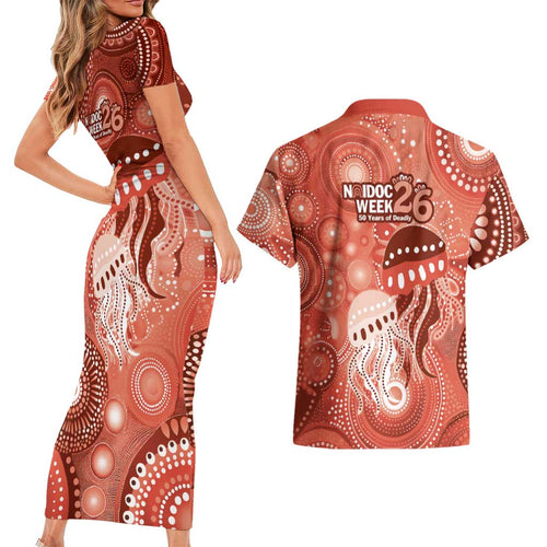 NAIDOC Deadly 50 Years Couples Matching Short Sleeve Bodycon Dress and Hawaiian Shirt Jellyfish Aboriginal Culture Inspired Red