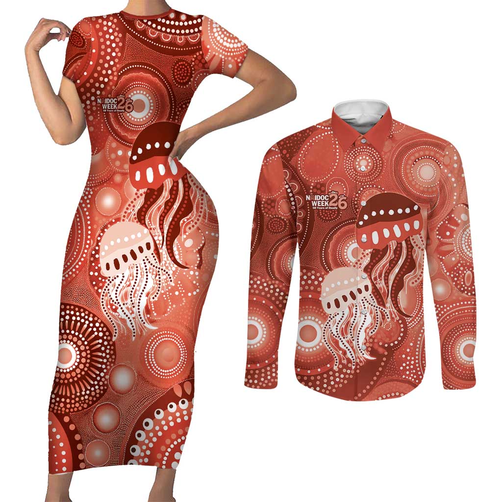 NAIDOC Deadly 50 Years Couples Matching Short Sleeve Bodycon Dress and Long Sleeve Button Shirt Jellyfish Aboriginal Culture Inspired Red