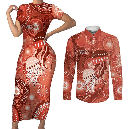 NAIDOC Deadly 50 Years Couples Matching Short Sleeve Bodycon Dress and Long Sleeve Button Shirt Jellyfish Aboriginal Culture Inspired Red