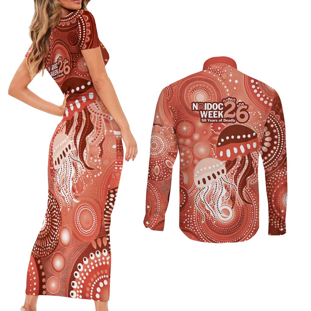 NAIDOC Deadly 50 Years Couples Matching Short Sleeve Bodycon Dress and Long Sleeve Button Shirt Jellyfish Aboriginal Culture Inspired Red