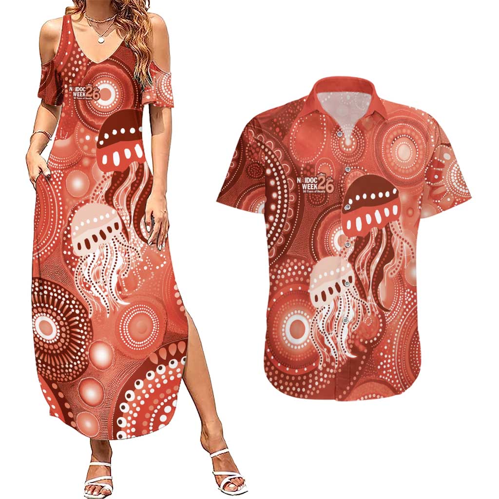 NAIDOC Deadly 50 Years Couples Matching Summer Maxi Dress and Hawaiian Shirt Jellyfish Aboriginal Culture Inspired Red