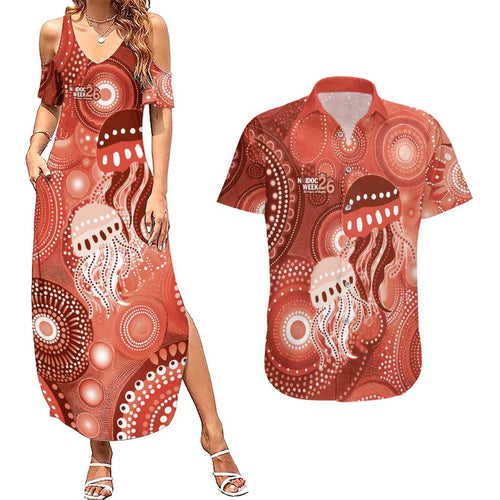 NAIDOC Deadly 50 Years Couples Matching Summer Maxi Dress and Hawaiian Shirt Jellyfish Aboriginal Culture Inspired Red