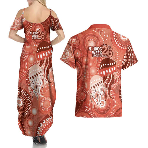 NAIDOC Deadly 50 Years Couples Matching Summer Maxi Dress and Hawaiian Shirt Jellyfish Aboriginal Culture Inspired Red