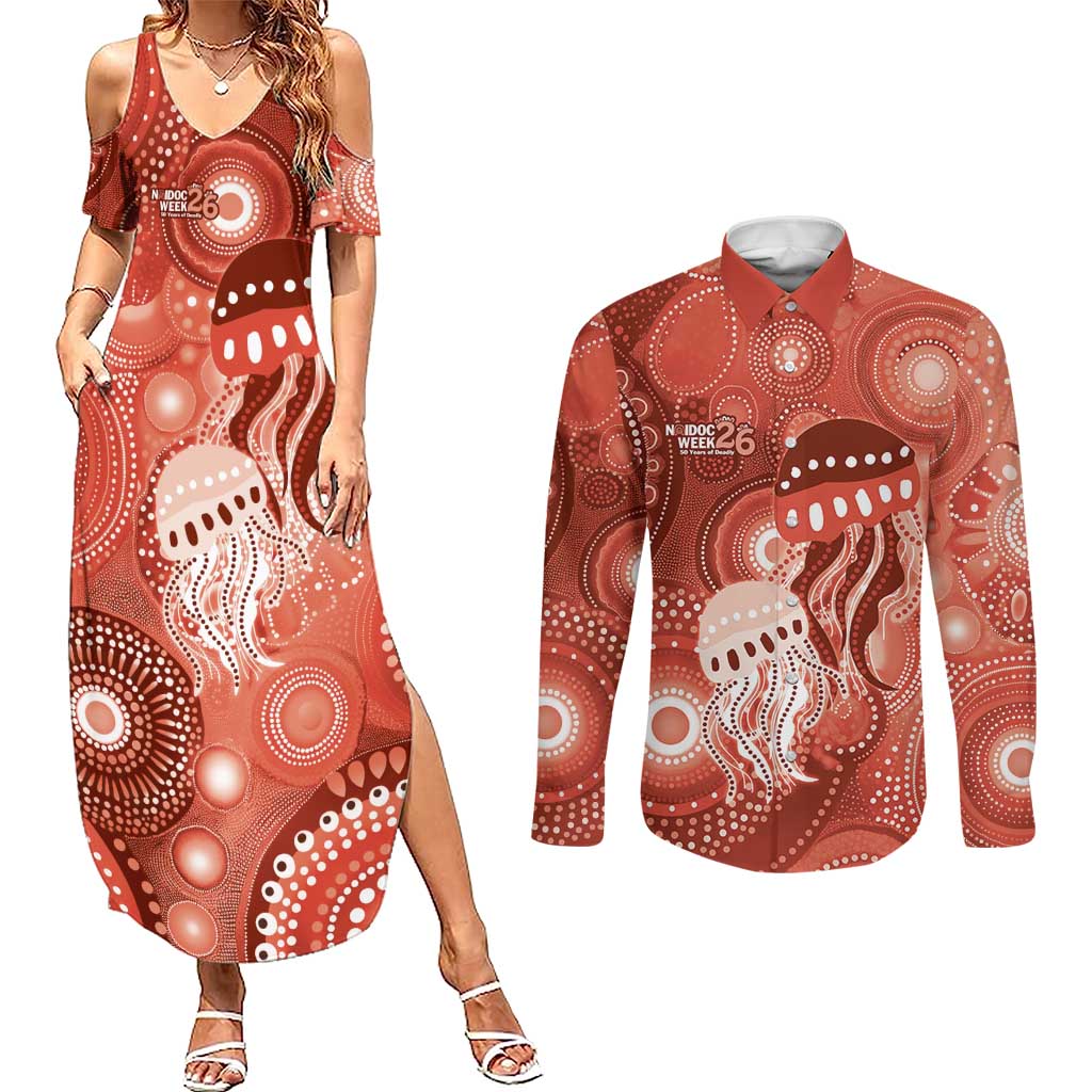 NAIDOC Deadly 50 Years Couples Matching Summer Maxi Dress and Long Sleeve Button Shirt Jellyfish Aboriginal Culture Inspired Red