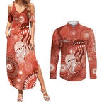 NAIDOC Deadly 50 Years Couples Matching Summer Maxi Dress and Long Sleeve Button Shirt Jellyfish Aboriginal Culture Inspired Red