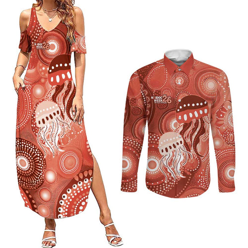 NAIDOC Deadly 50 Years Couples Matching Summer Maxi Dress and Long Sleeve Button Shirt Jellyfish Aboriginal Culture Inspired Red