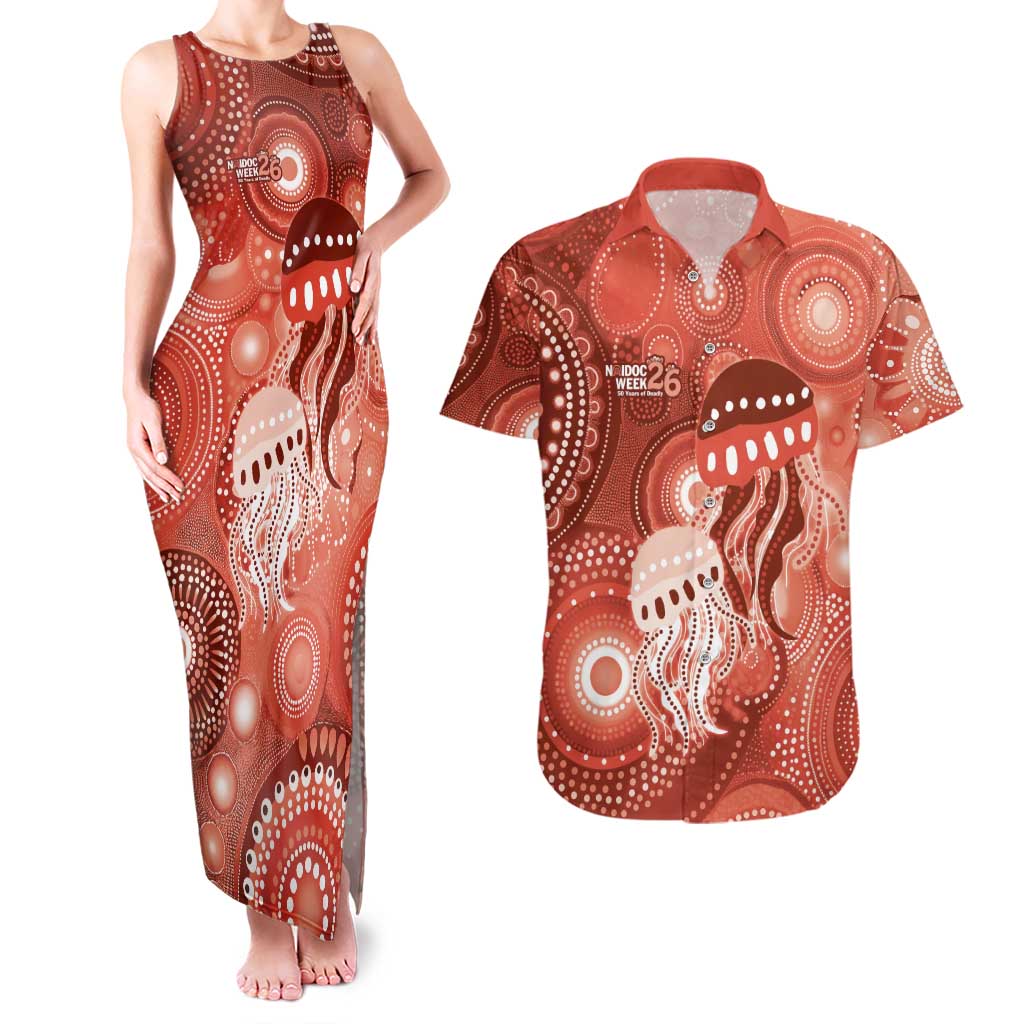 NAIDOC Deadly 50 Years Couples Matching Tank Maxi Dress and Hawaiian Shirt Jellyfish Aboriginal Culture Inspired Red