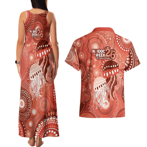 NAIDOC Deadly 50 Years Couples Matching Tank Maxi Dress and Hawaiian Shirt Jellyfish Aboriginal Culture Inspired Red
