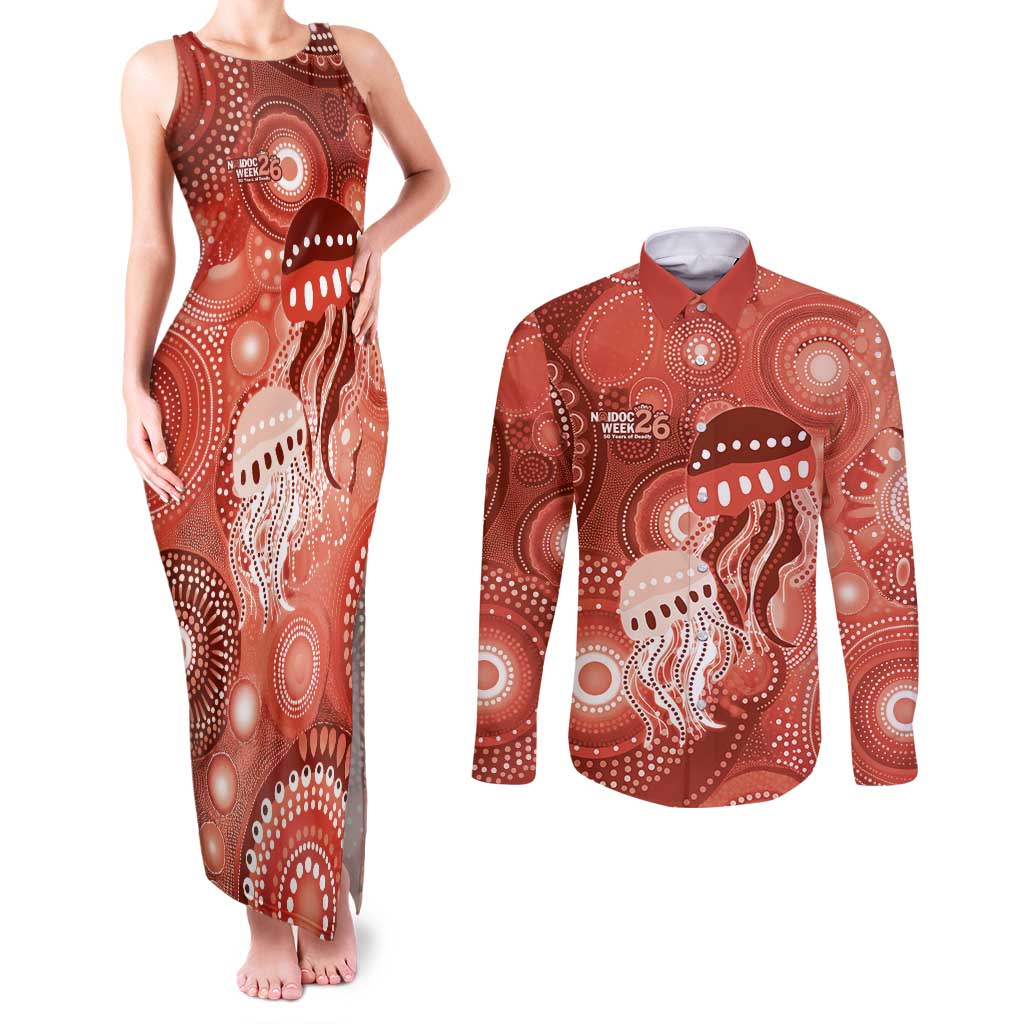 NAIDOC Deadly 50 Years Couples Matching Tank Maxi Dress and Long Sleeve Button Shirt Jellyfish Aboriginal Culture Inspired Red