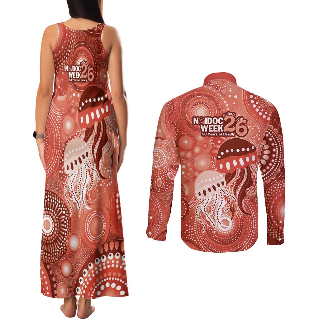 NAIDOC Deadly 50 Years Couples Matching Tank Maxi Dress and Long Sleeve Button Shirt Jellyfish Aboriginal Culture Inspired Red