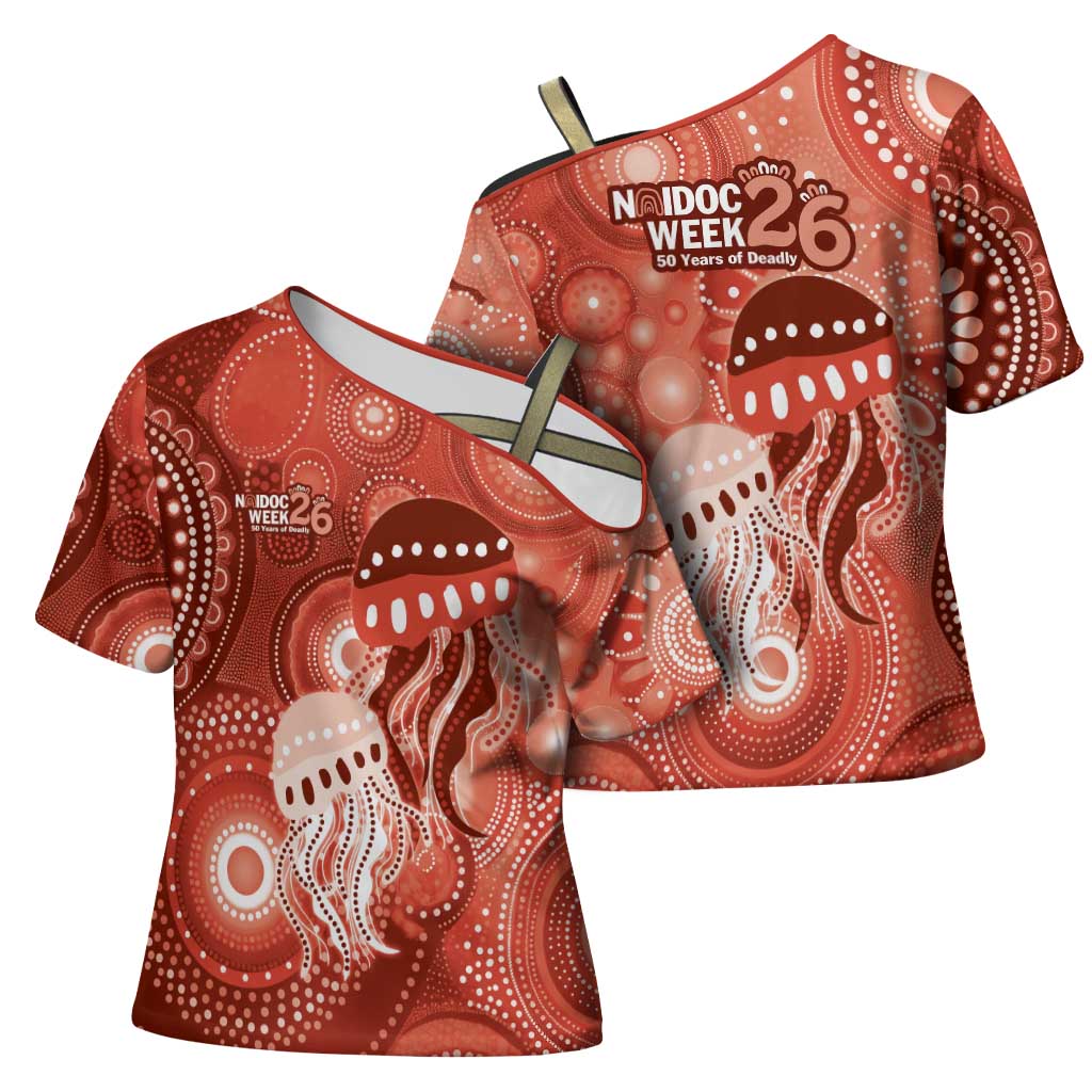 NAIDOC Deadly 50 Years Cross Shoulder Shirt Jellyfish Aboriginal Culture Inspired Red