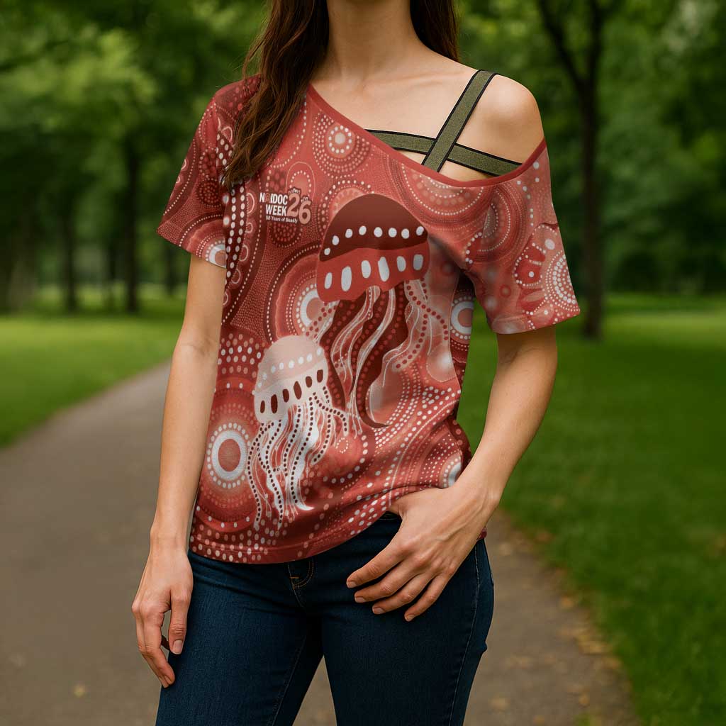 NAIDOC Deadly 50 Years Cross Shoulder Shirt Jellyfish Aboriginal Culture Inspired Red