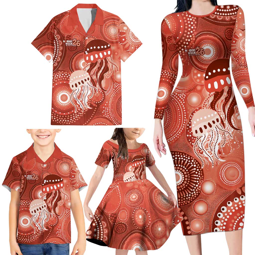 NAIDOC Deadly 50 Years Family Matching Long Sleeve Bodycon Dress and Hawaiian Shirt Jellyfish Aboriginal Culture Inspired Red