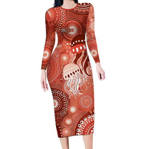 NAIDOC Deadly 50 Years Family Matching Long Sleeve Bodycon Dress and Hawaiian Shirt Jellyfish Aboriginal Culture Inspired Red