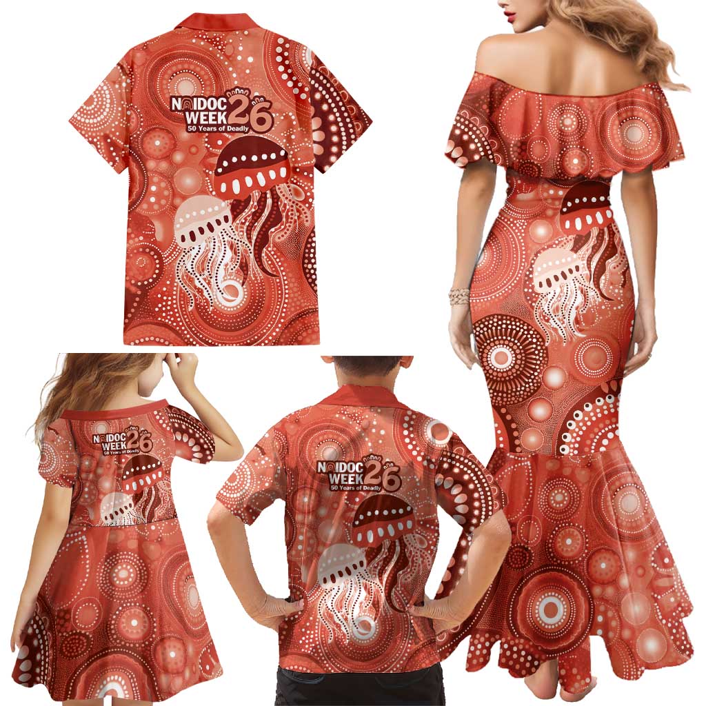 NAIDOC Deadly 50 Years Family Matching Mermaid Dress and Hawaiian Shirt Jellyfish Aboriginal Culture Inspired Red