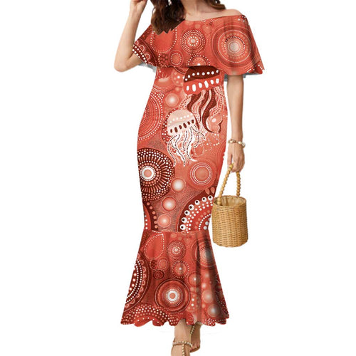 NAIDOC Deadly 50 Years Family Matching Mermaid Dress and Hawaiian Shirt Jellyfish Aboriginal Culture Inspired Red