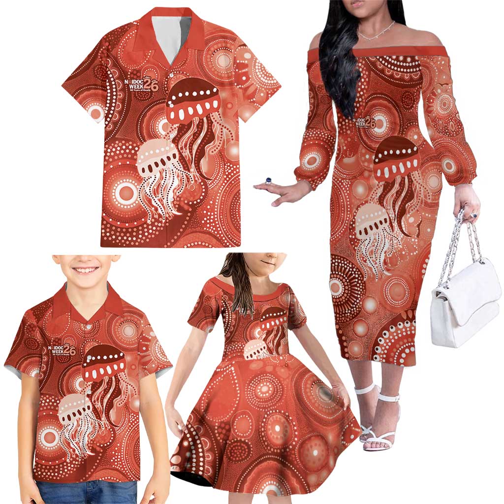 NAIDOC Deadly 50 Years Family Matching Off The Shoulder Long Sleeve Dress and Hawaiian Shirt Jellyfish Aboriginal Culture Inspired Red