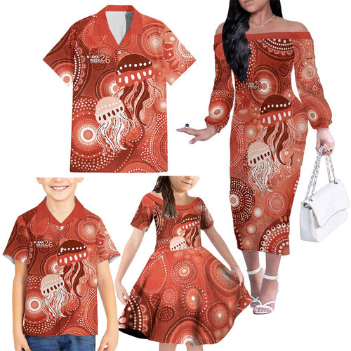 NAIDOC Deadly 50 Years Family Matching Off The Shoulder Long Sleeve Dress and Hawaiian Shirt Jellyfish Aboriginal Culture Inspired Red