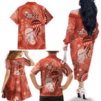 NAIDOC Deadly 50 Years Family Matching Off The Shoulder Long Sleeve Dress and Hawaiian Shirt Jellyfish Aboriginal Culture Inspired Red