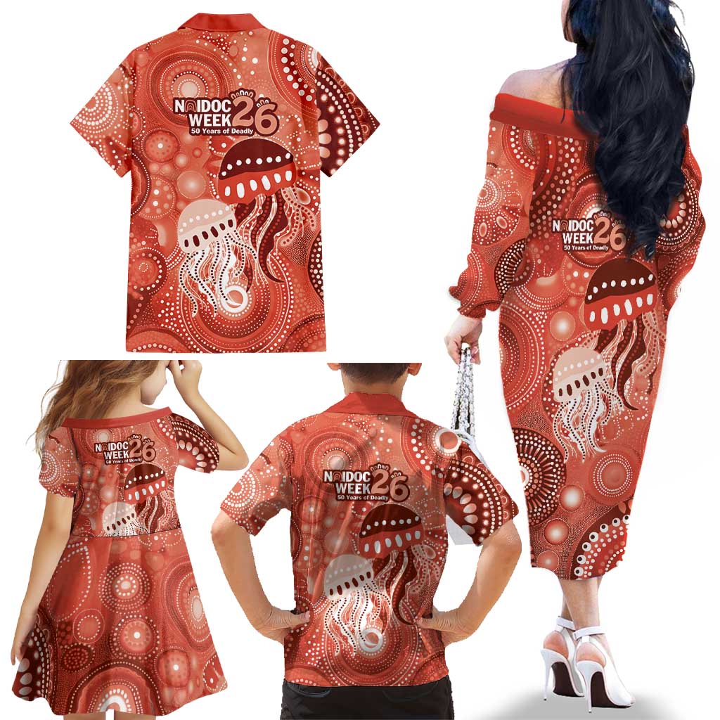 NAIDOC Deadly 50 Years Family Matching Off The Shoulder Long Sleeve Dress and Hawaiian Shirt Jellyfish Aboriginal Culture Inspired Red