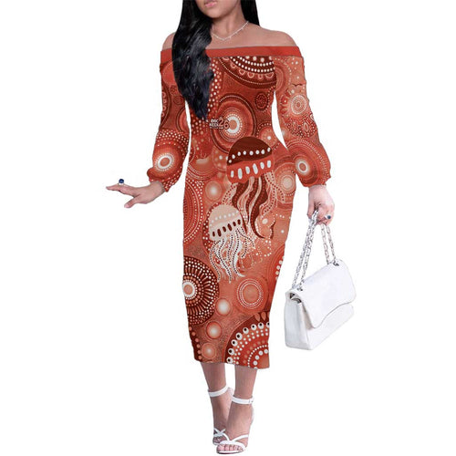NAIDOC Deadly 50 Years Family Matching Off The Shoulder Long Sleeve Dress and Hawaiian Shirt Jellyfish Aboriginal Culture Inspired Red