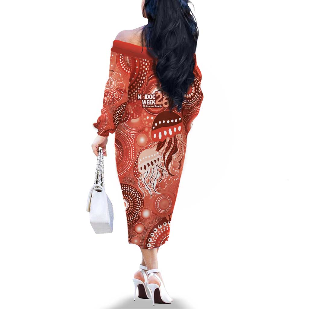 NAIDOC Deadly 50 Years Family Matching Off The Shoulder Long Sleeve Dress and Hawaiian Shirt Jellyfish Aboriginal Culture Inspired Red