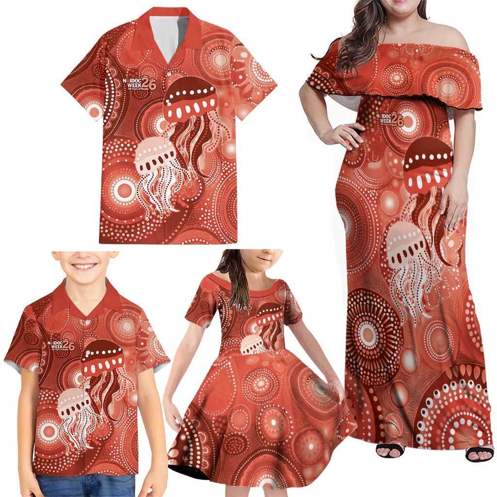 NAIDOC Deadly 50 Years Family Matching Off Shoulder Maxi Dress and Hawaiian Shirt Jellyfish Aboriginal Culture Inspired Red