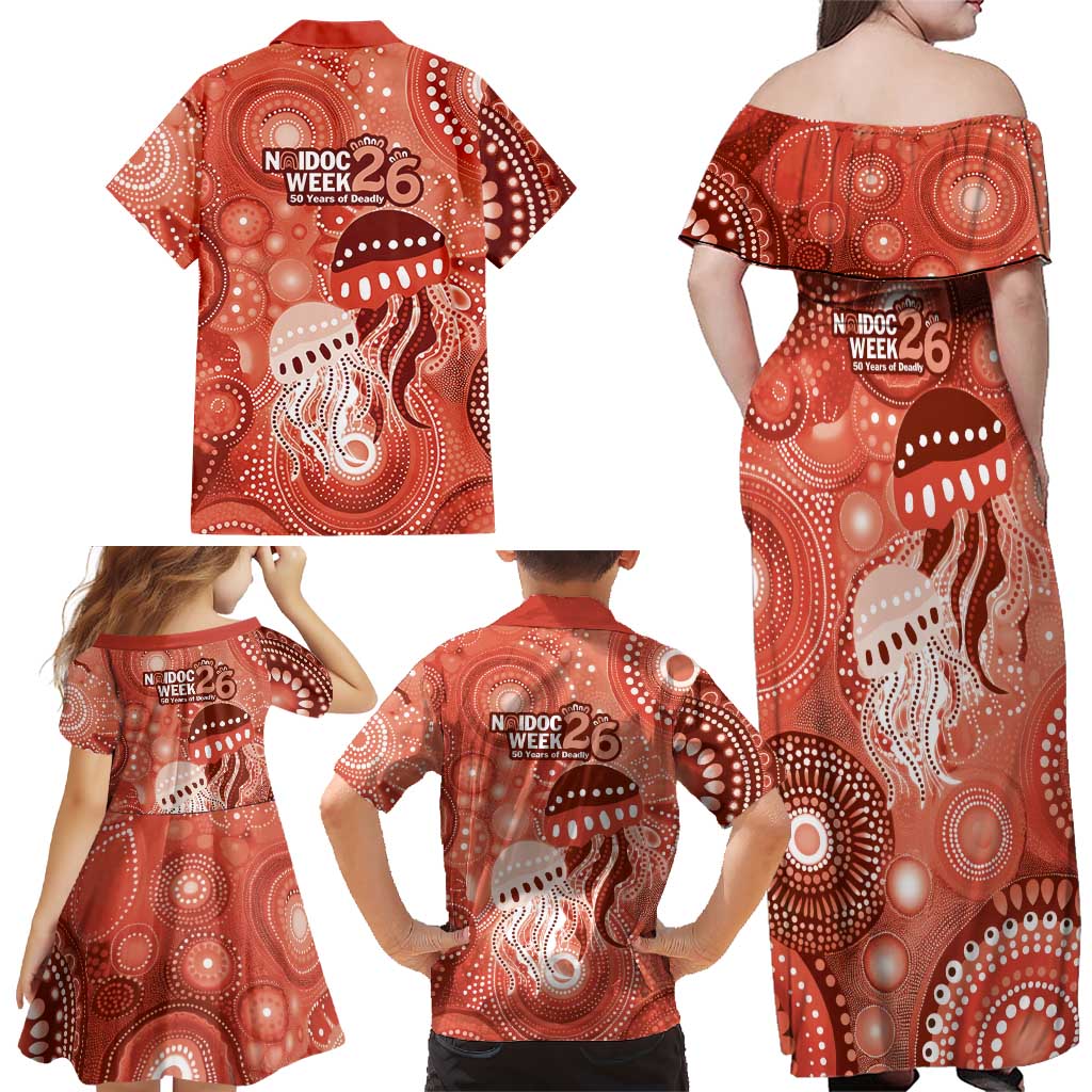 NAIDOC Deadly 50 Years Family Matching Off Shoulder Maxi Dress and Hawaiian Shirt Jellyfish Aboriginal Culture Inspired Red