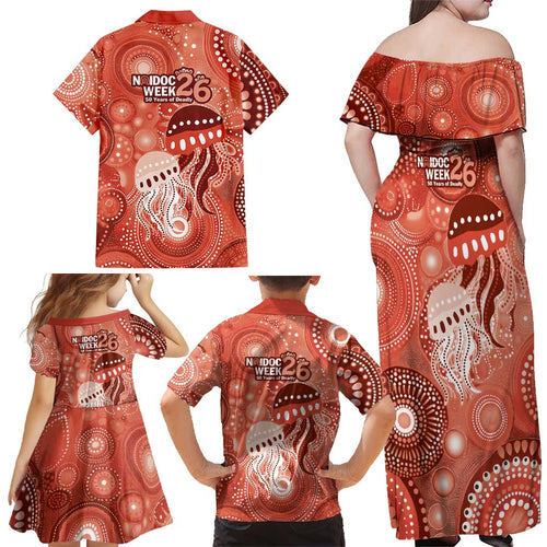 NAIDOC Deadly 50 Years Family Matching Off Shoulder Maxi Dress and Hawaiian Shirt Jellyfish Aboriginal Culture Inspired Red