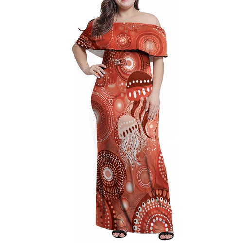 NAIDOC Deadly 50 Years Family Matching Off Shoulder Maxi Dress and Hawaiian Shirt Jellyfish Aboriginal Culture Inspired Red