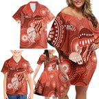 NAIDOC Deadly 50 Years Family Matching Off Shoulder Short Dress and Hawaiian Shirt Jellyfish Aboriginal Culture Inspired Red