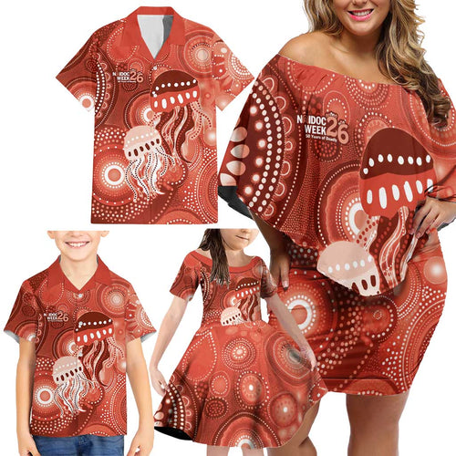NAIDOC Deadly 50 Years Family Matching Off Shoulder Short Dress and Hawaiian Shirt Jellyfish Aboriginal Culture Inspired Red