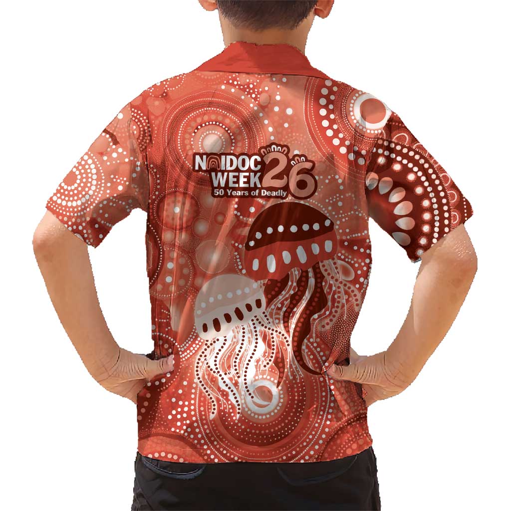 NAIDOC Deadly 50 Years Family Matching Off Shoulder Short Dress and Hawaiian Shirt Jellyfish Aboriginal Culture Inspired Red
