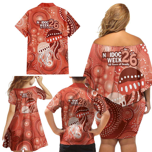 NAIDOC Deadly 50 Years Family Matching Off Shoulder Short Dress and Hawaiian Shirt Jellyfish Aboriginal Culture Inspired Red