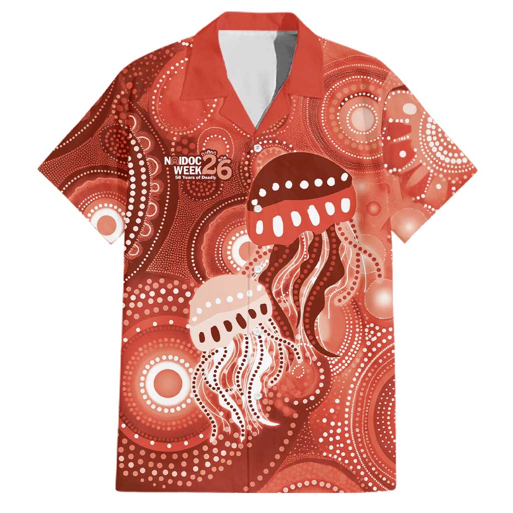 NAIDOC Deadly 50 Years Family Matching Off Shoulder Short Dress and Hawaiian Shirt Jellyfish Aboriginal Culture Inspired Red