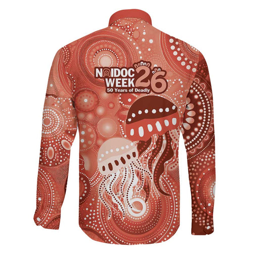 NAIDOC Deadly 50 Years Family Matching Off Shoulder Short Dress and Hawaiian Shirt Jellyfish Aboriginal Culture Inspired Red