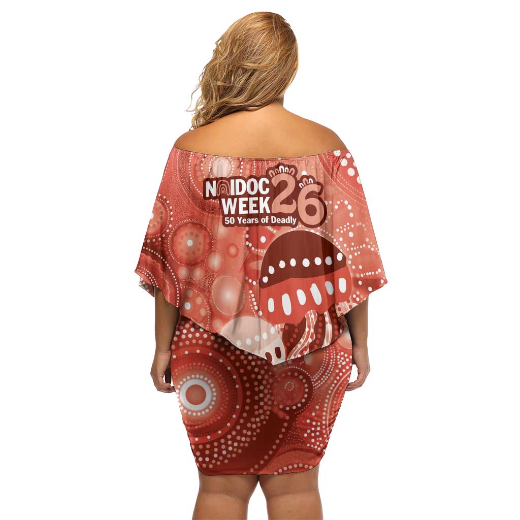 NAIDOC Deadly 50 Years Family Matching Off Shoulder Short Dress and Hawaiian Shirt Jellyfish Aboriginal Culture Inspired Red