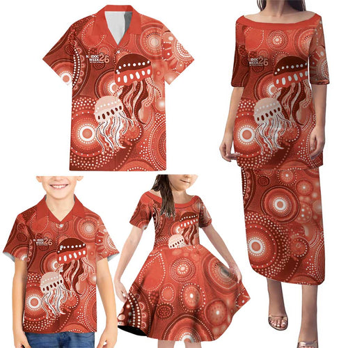 NAIDOC Deadly 50 Years Family Matching Puletasi and Hawaiian Shirt Jellyfish Aboriginal Culture Inspired Red