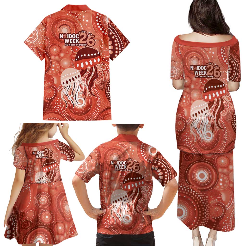 NAIDOC Deadly 50 Years Family Matching Puletasi and Hawaiian Shirt Jellyfish Aboriginal Culture Inspired Red