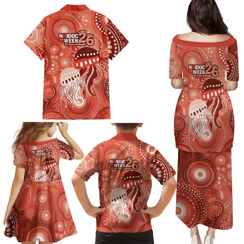 NAIDOC Deadly 50 Years Family Matching Puletasi and Hawaiian Shirt Jellyfish Aboriginal Culture Inspired Red
